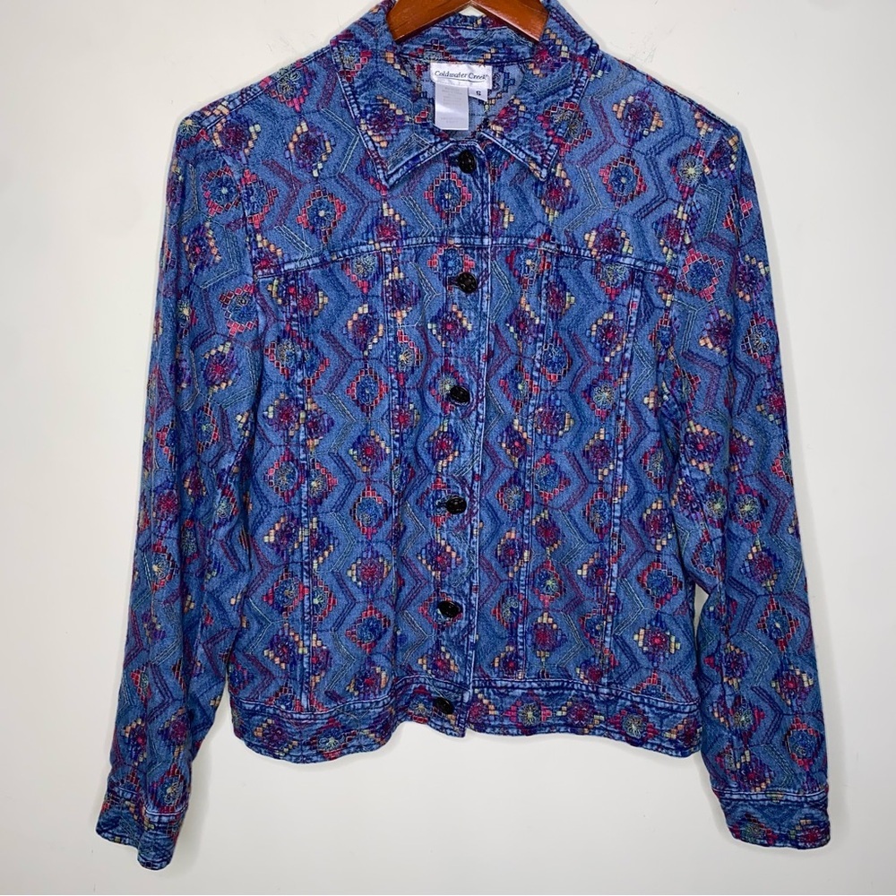 Coldwater Creek Embroidered Jacket Small Lightweight Boho Chambray Coat